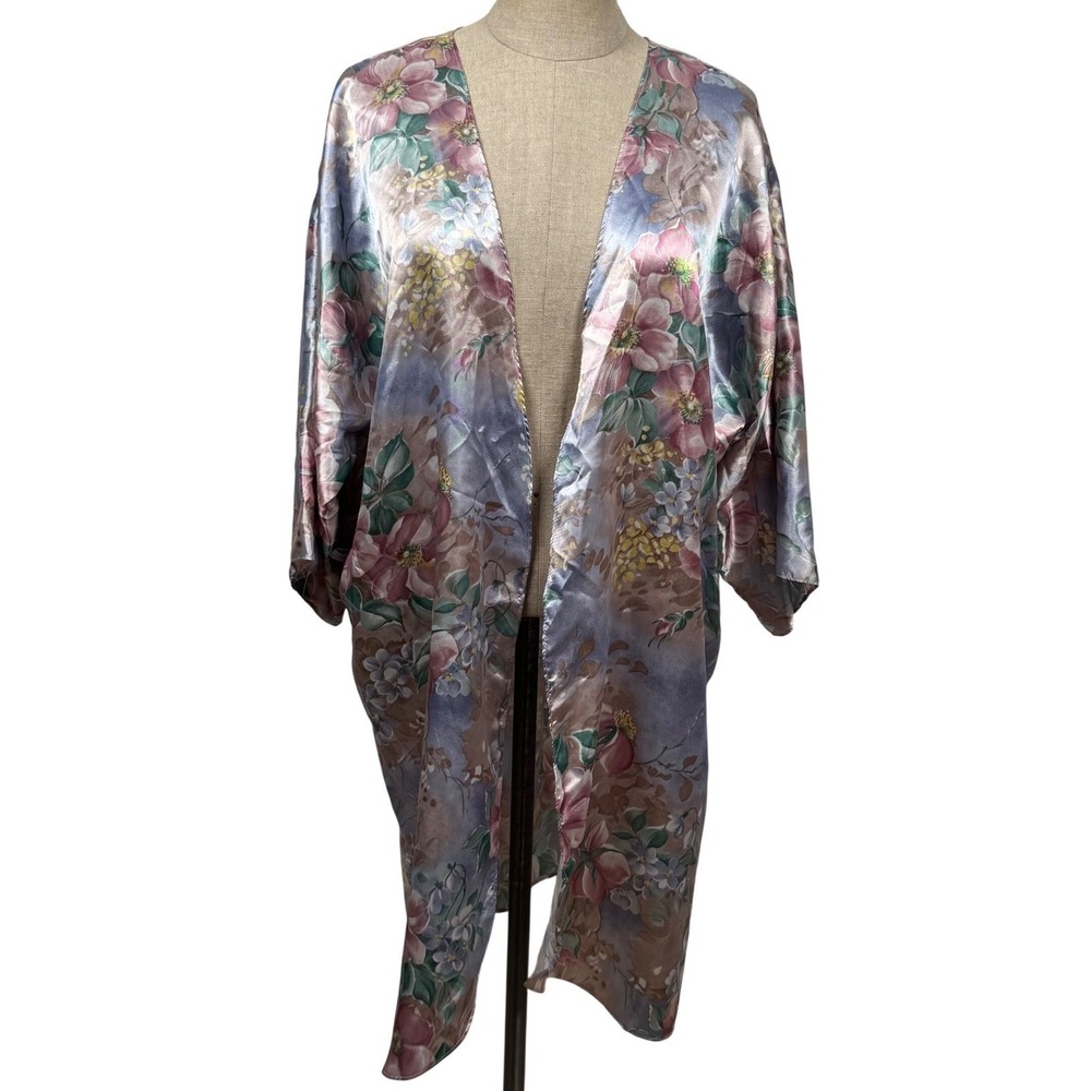 90s California Miss L Floral Satin Kimono Robe Coverup Pastel Pink Purple Boho